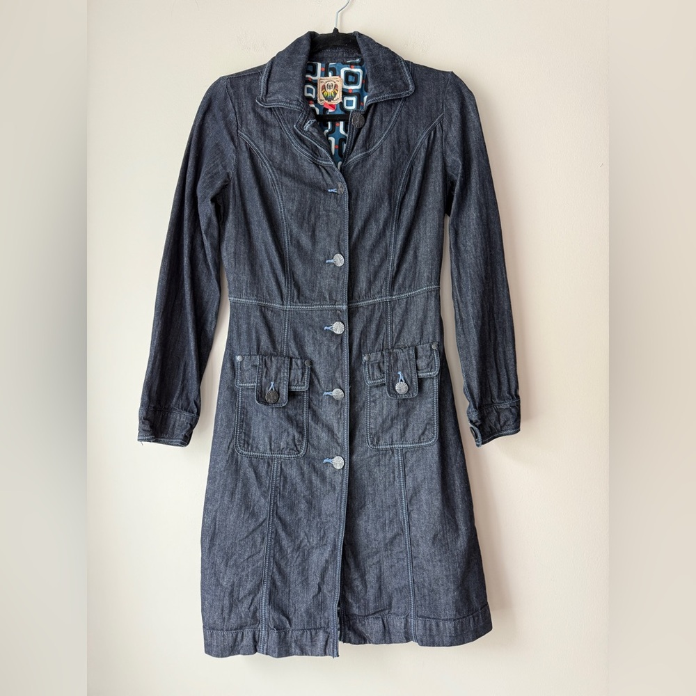 Freestyle Revolution Blue Denim Long Coat Fitted Waist Long Sleeves